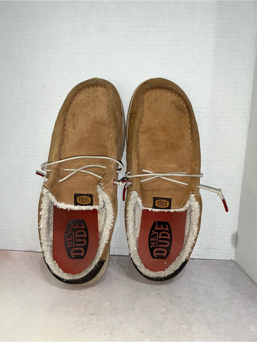 11 Hey Dude Tan Suede Slip-On Loafers with Shearling Trim causal Y2K preppy